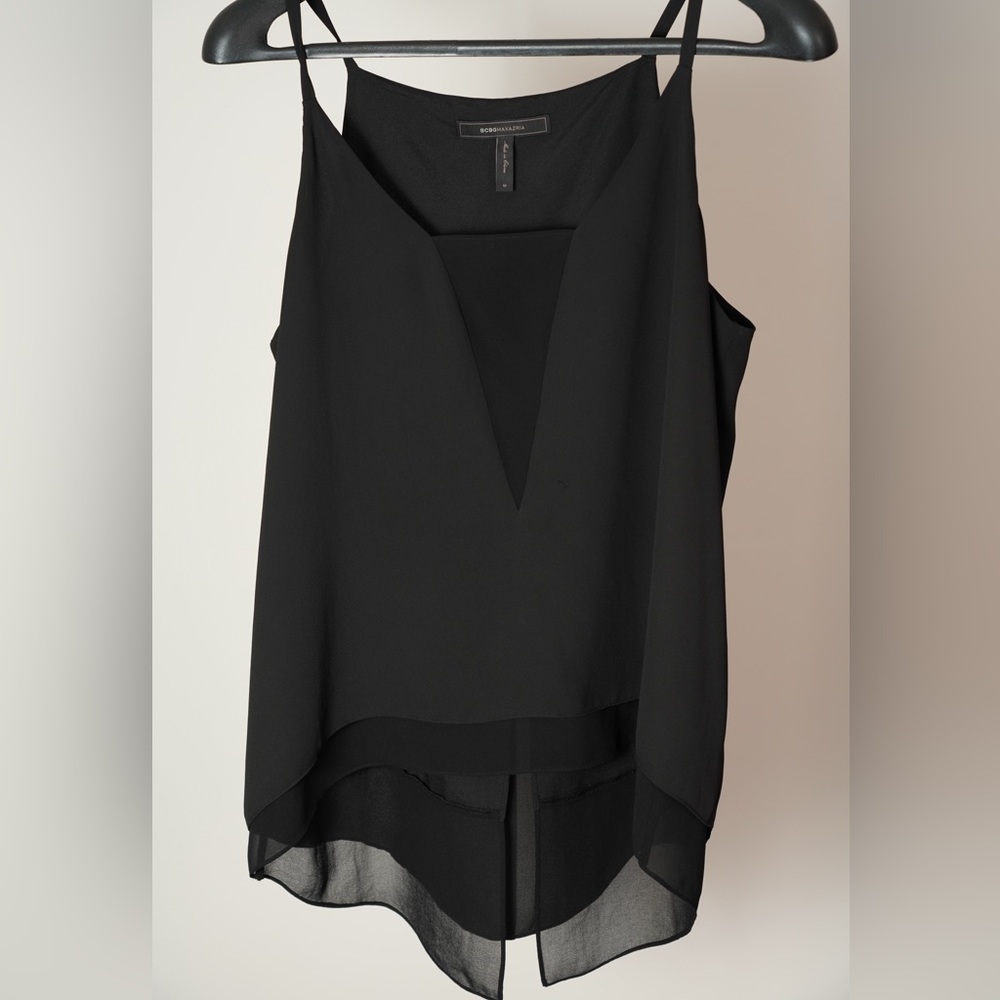 BCBGMAXAZRIA Black Spaghetti Strap Top with Sheer V, Size M